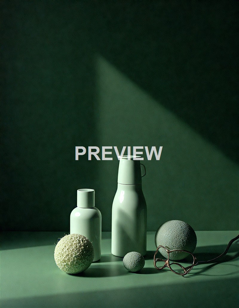 The image features a minimalist arrangement of two white ceramic bottles, one taller and one shorter, along with three textured spherical objects and a pair of glasses, all set against a dark green background with a diagonal light beam shining on them.